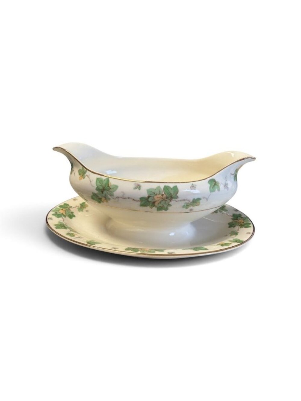 Vintage Pope-Gosser  China White  gravy bowl with attached plate _ "American Ivy